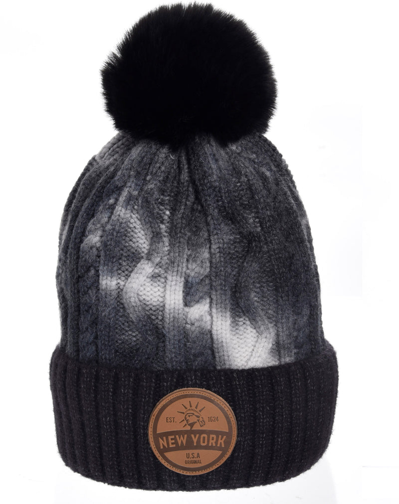Tie Dye Pompom Beanie- NY Leather Patch
