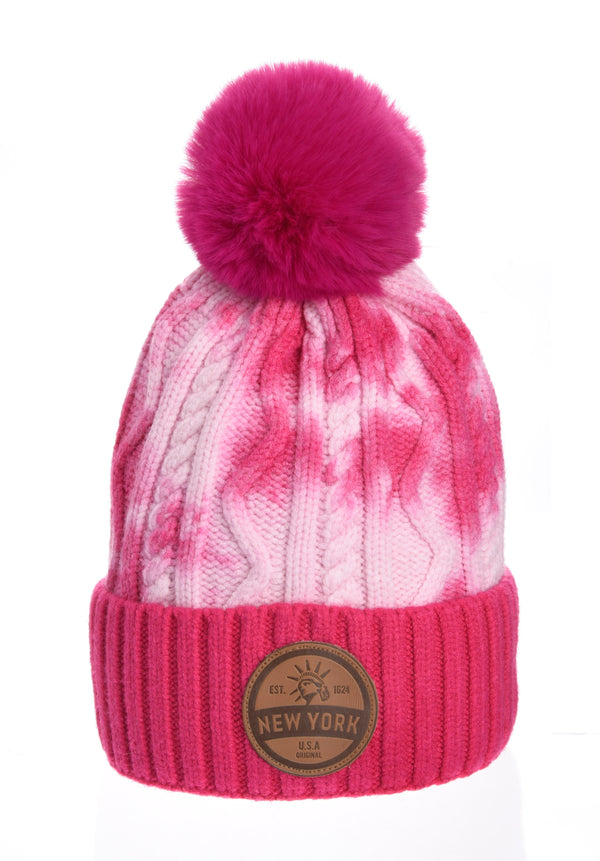 Tie Dye Pompom Beanie- NY Leather Patch