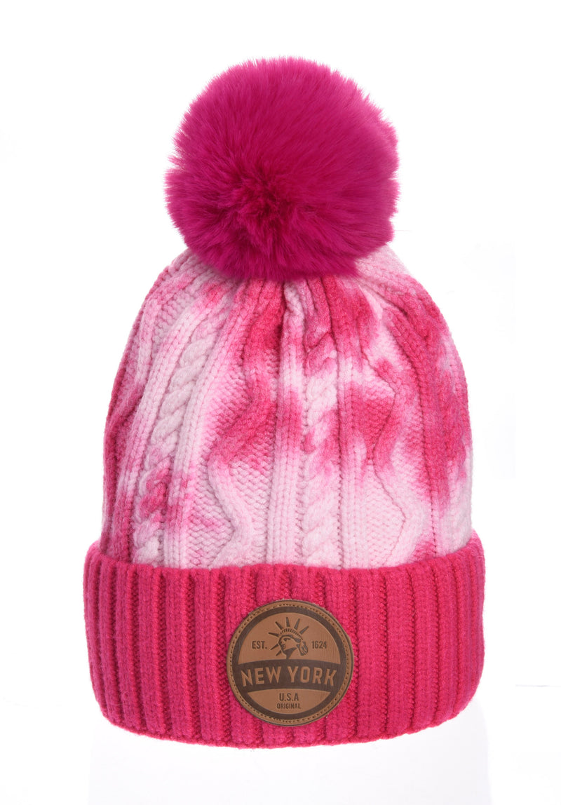 Tie Dye Pompom Beanie- NY Leather Patch