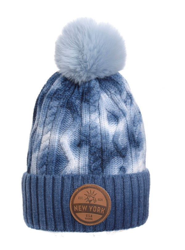 Tie Dye Pompom Beanie- NY Leather Patch